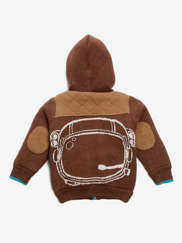 Boys Self Design Hooded Neck Blue Sweater